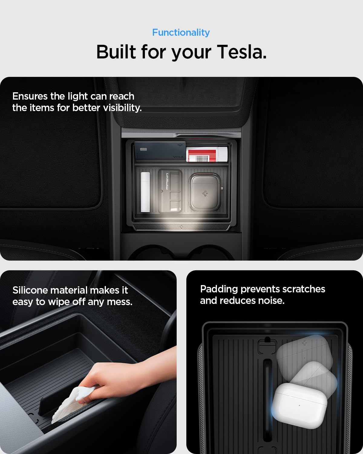 Spigen Center Console and Armrest Organizer for Tesla Model Y Juniper & Model Y L (Only Premium & Performance 2026/2025) and Model 3 Highland (Standard, Premium & Performance 2026/25/24)