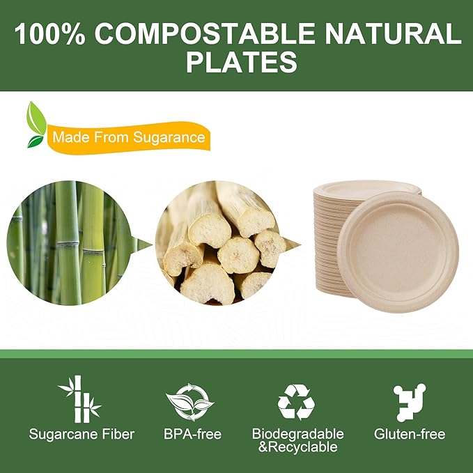 WELLIFE 100% Compostable Paper Plates 7 Inch, Biodegradable Bagasse, - Image 4