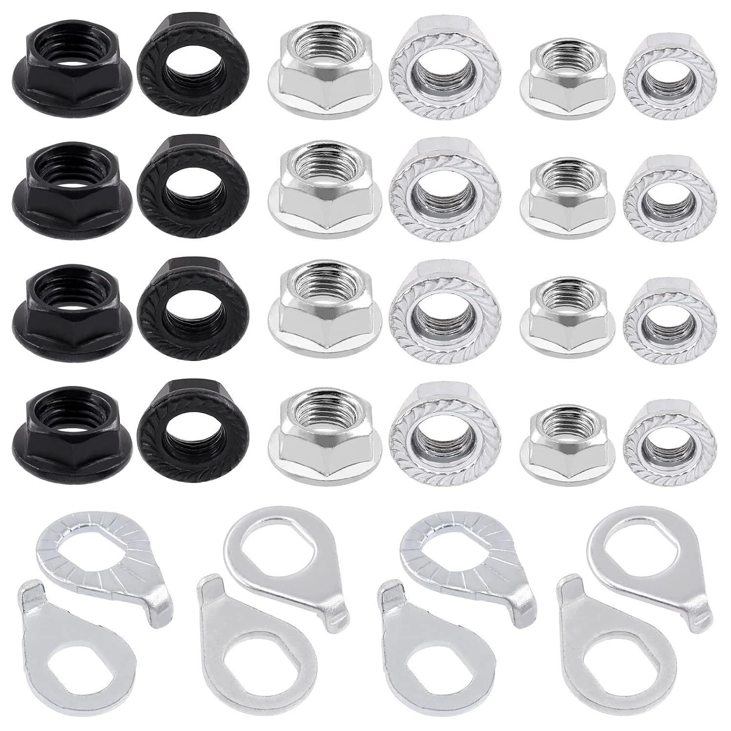 60Pcs M8 M9.5 M10 Bicycle Wheel Axle Nuts and Washer Assortment Kit Including Bike Hub Hex Flange Nuts, Front and Rear Wheel Hub Safety Washers Retaining Clips for Road Mountain Bike