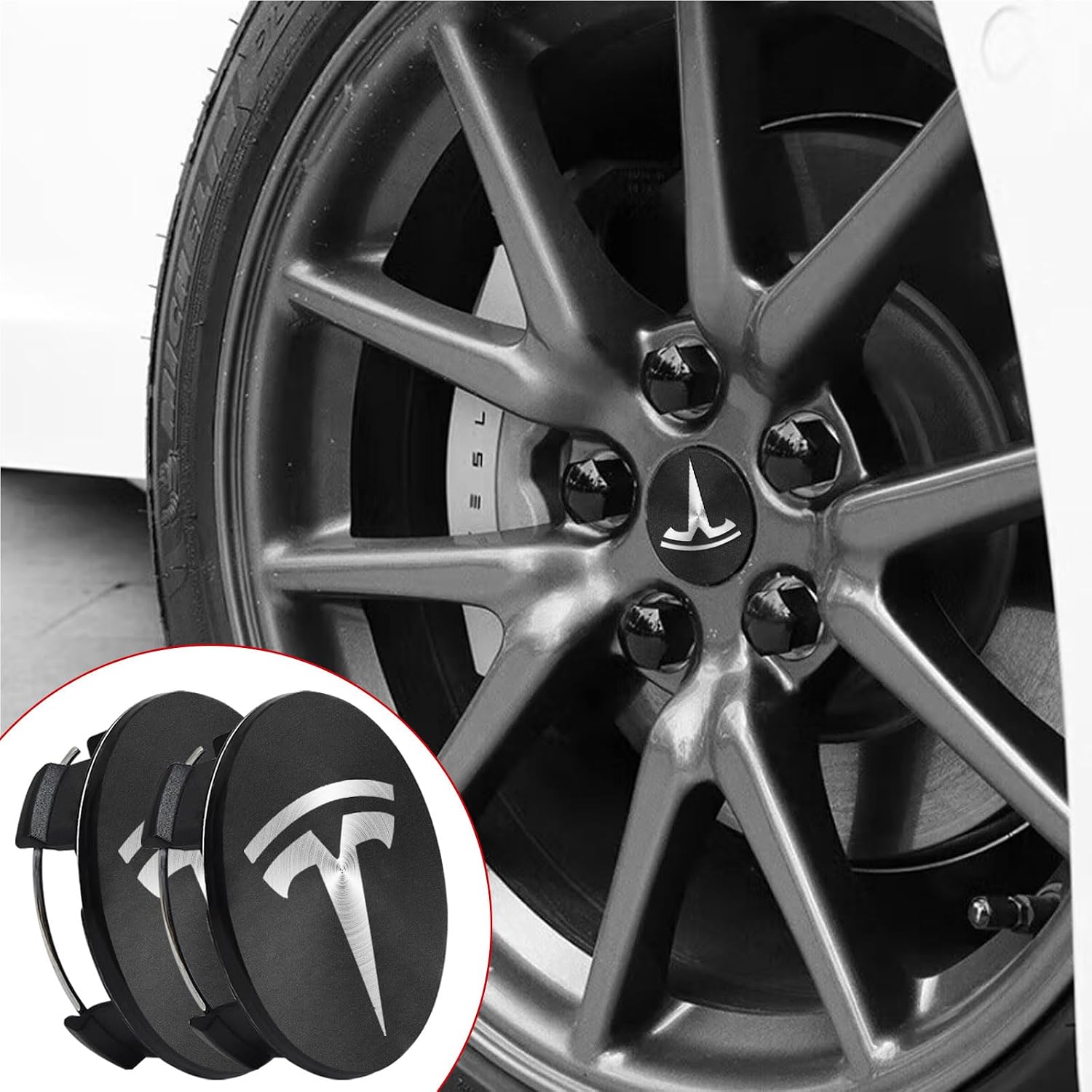 4 Pack Exterior Decoration Wheel Center Cover for Tesla Model 3 Model Y All Years,Only 56mm Hubcaps Wheel Rim Cover Center Caps Hubcaps+20 Black Lug Nut Covers (Matte Black+Silver Emblem)