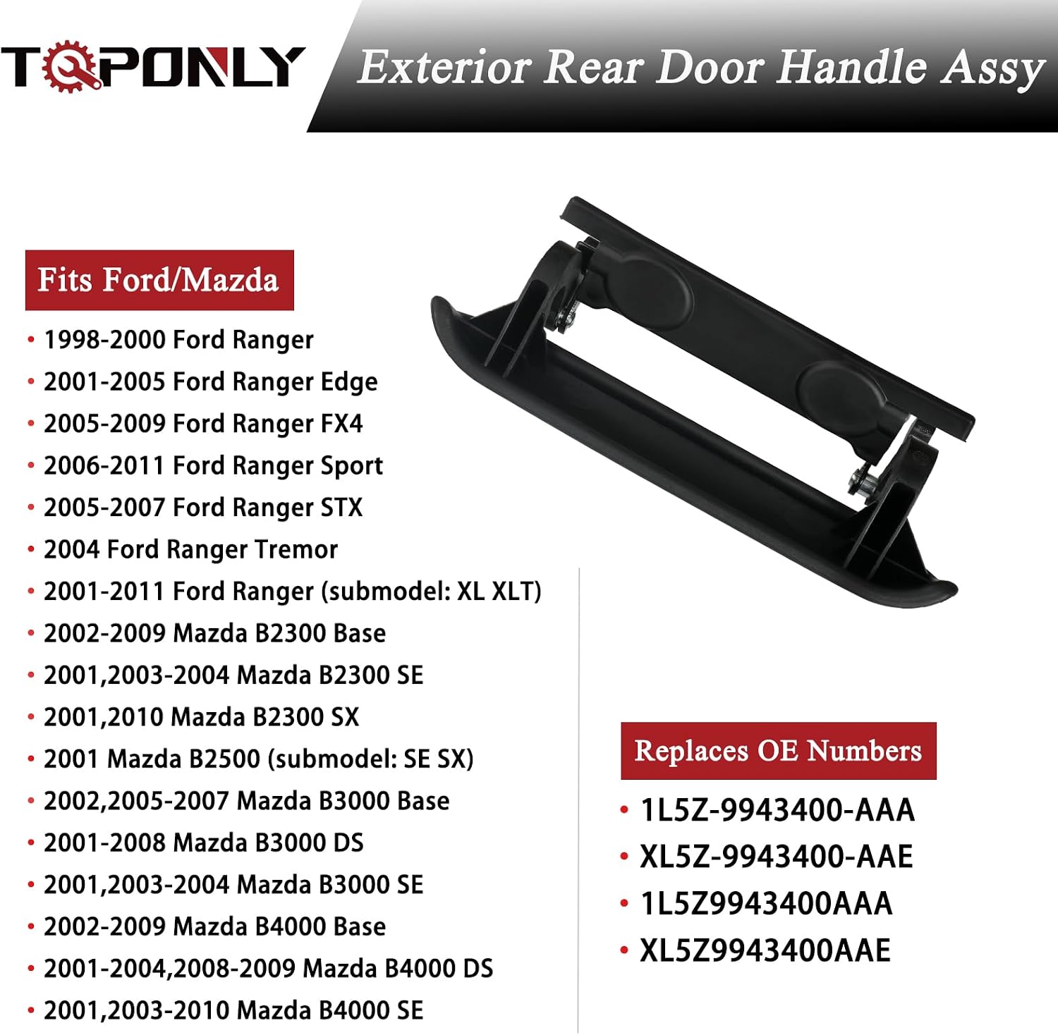 TQPONLT Tailgate Door Handle | Compatible with 1998-2011 Ford Ranger,2001-2010 Mazda B2300 B3000 B4000 Truck | Replace 77872 1L5Z-9943400-AAA Rear Tail Gate Latch Handle (Textured Black)