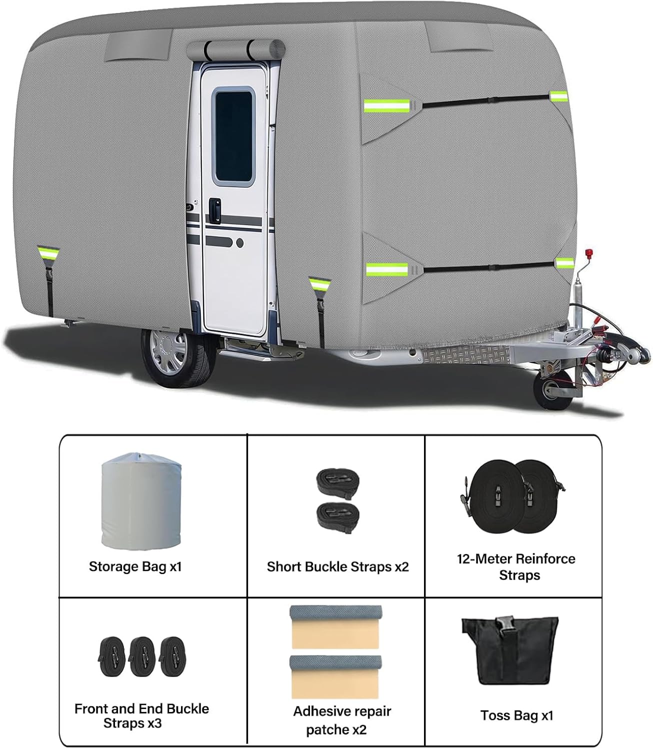 Fiberglass Travel Trailer Cover, Upgraded 8 Layers Top Fits 11 to 13 Feet Trailers, Waterproof Camper Cover, RV Cover with Extra Windproof Ropes, Adhesive Repair Patche