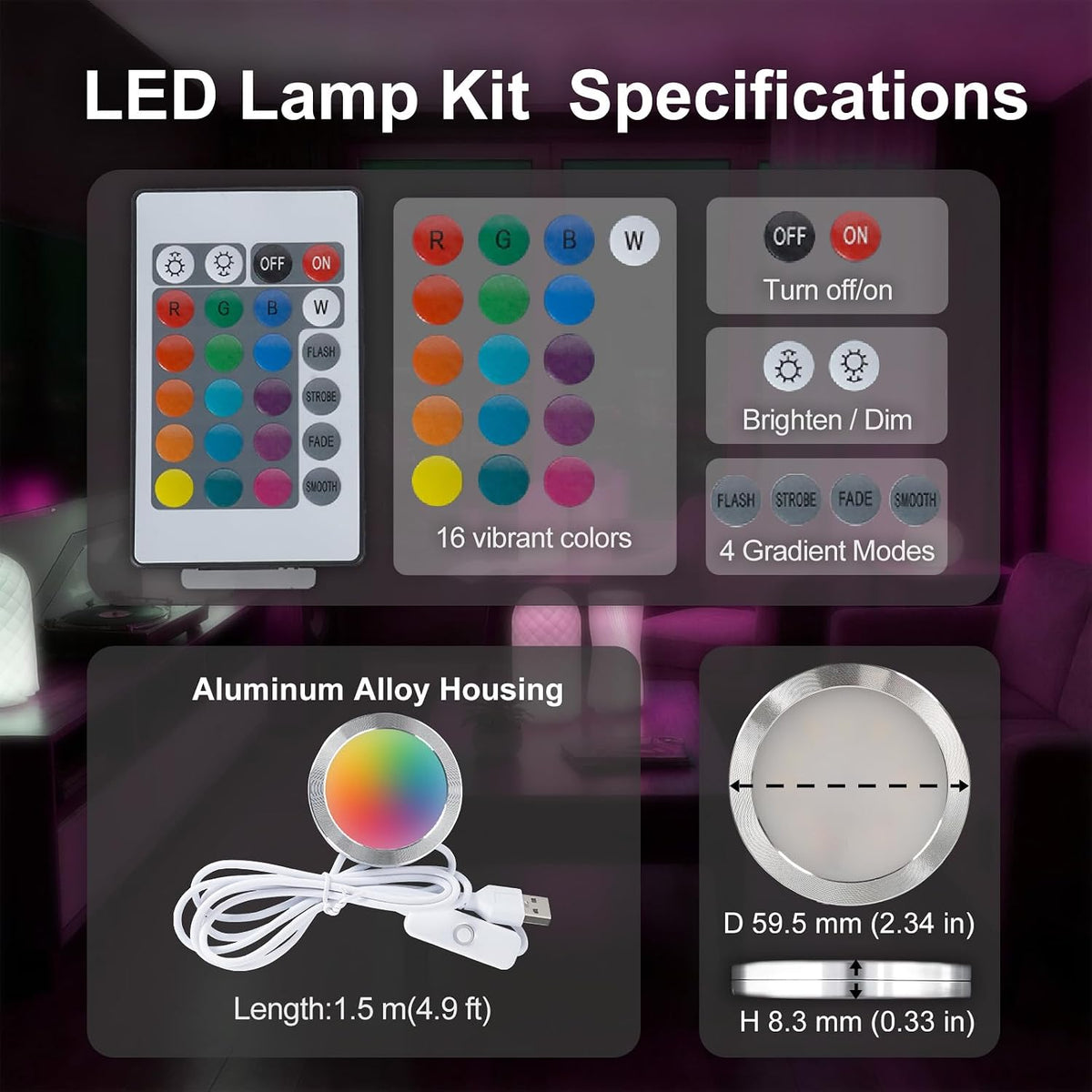 remote control rgb led lamp kit 001 for showing dimensions