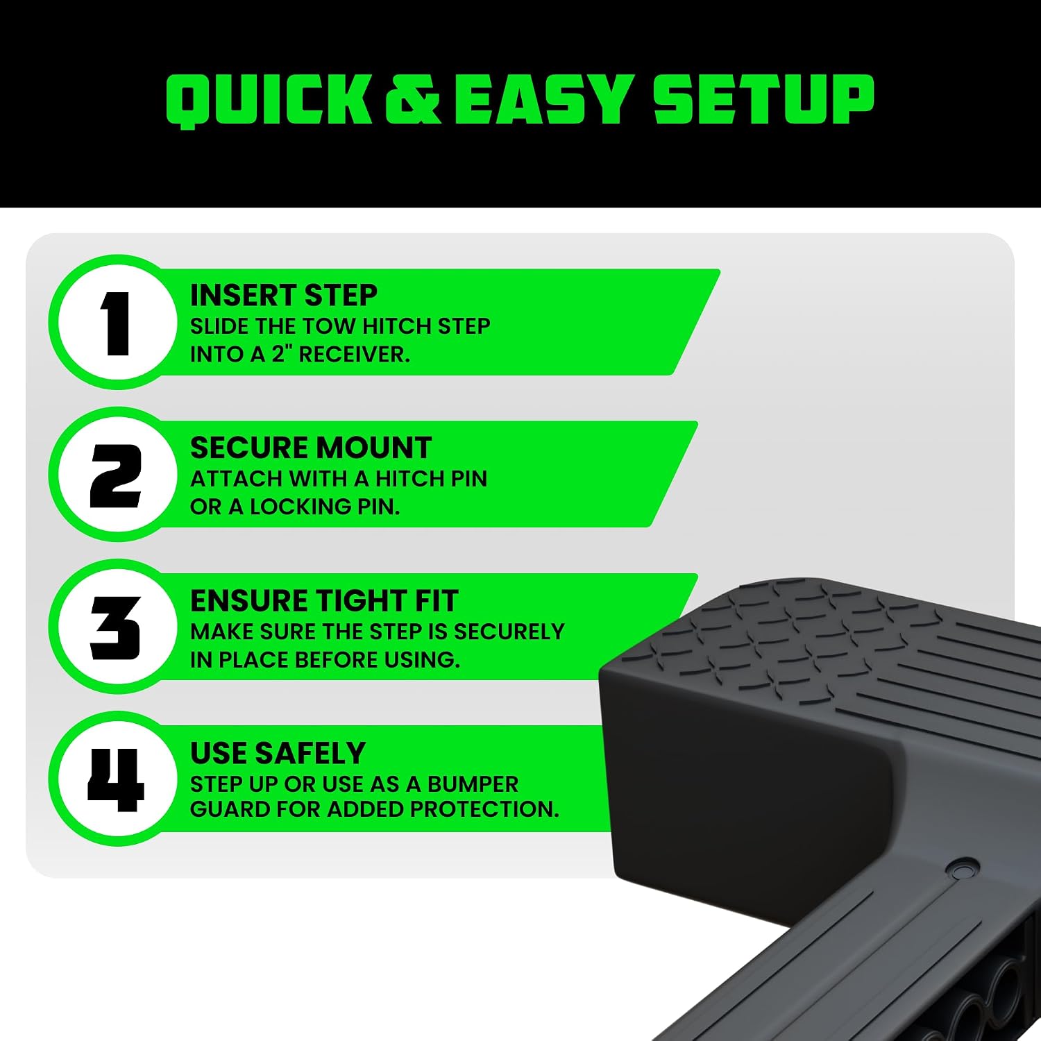 Rhino USA Tow Hitch Step for 2IN Receivers. Anti-Slip Grip, Reflective Material and Bumper Protection Perfect for Trucks, SUV's and More - Locking Trailer Hitch Pin Included! - Black
