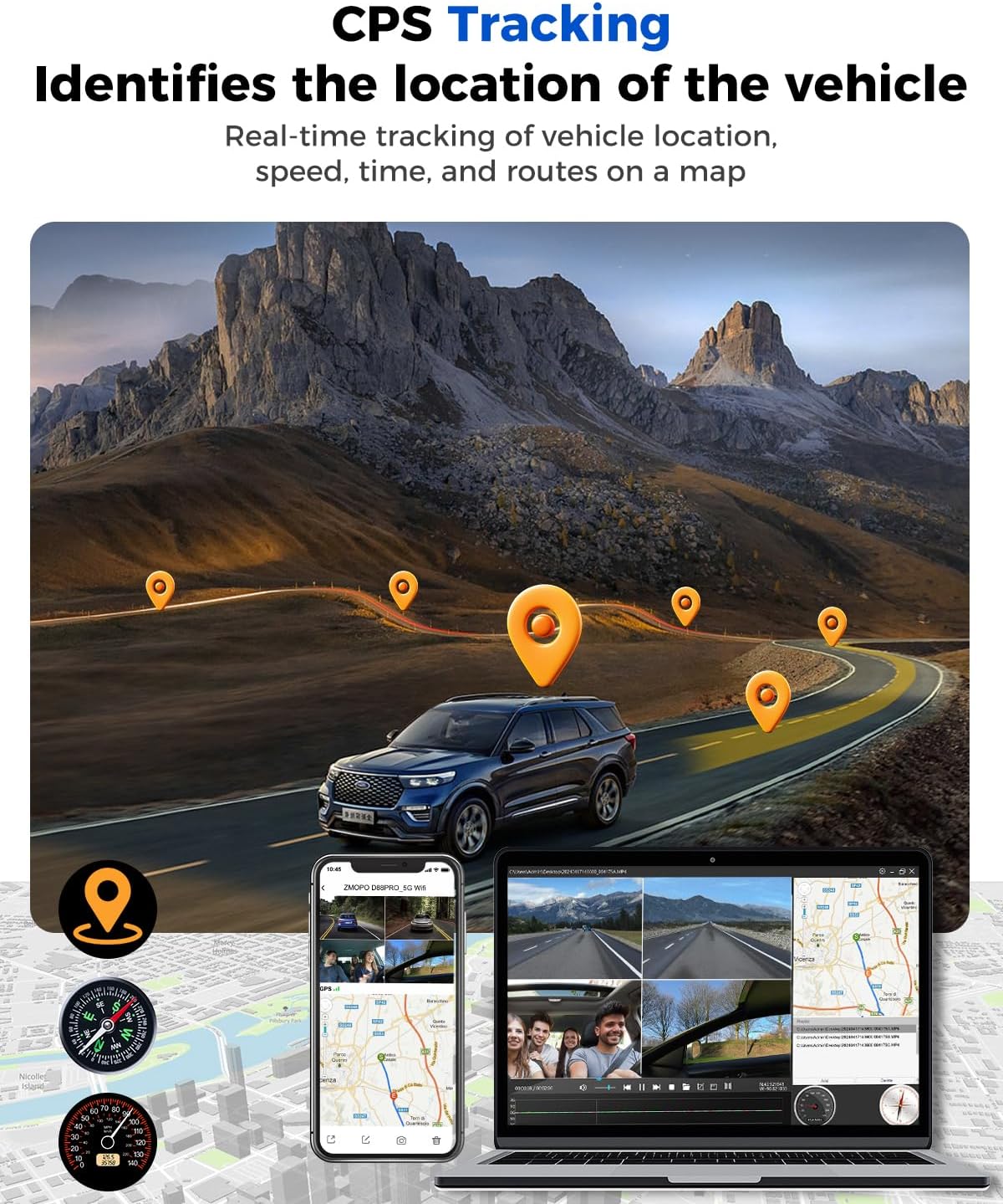 360 view 4 channel dash cam front and showing dimensions