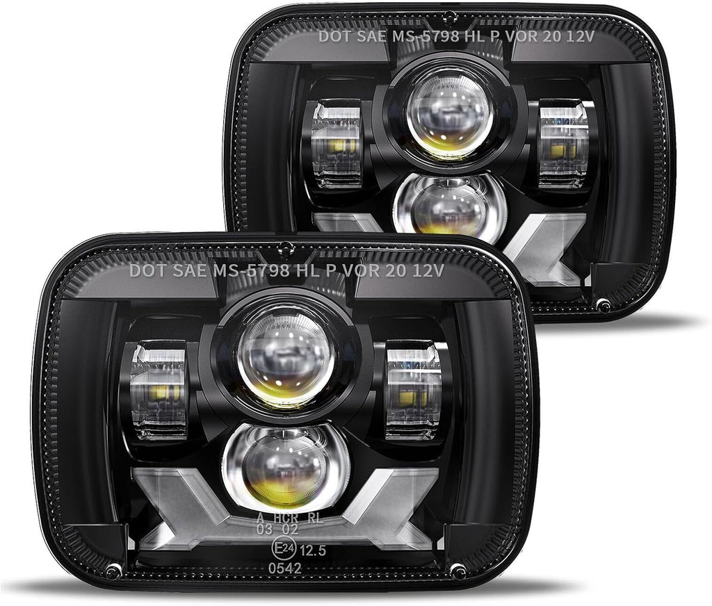 HWSTAR Pair H6054 5x7 7x6 LED Headlights Assembly, Sealed Beam Replacement Compatible with Jeep Cherokee XJ Wrangler YJ Ford Chevy GMC Toyota Nissan Dodge, Hi/Low Beam, Black Housing