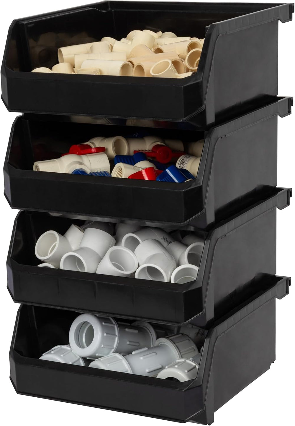 ReadySpace Medium-Wide Stackable Plastic Storage Bins, 4-Pack, Black