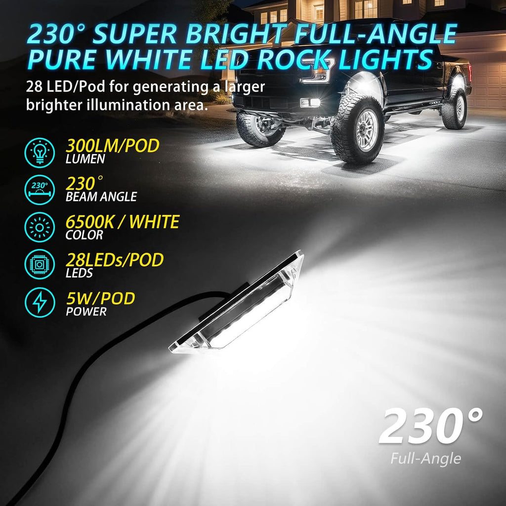 20Pods Full Angle All Pure White LED Rock Lights Full Kit Plug and Play & Pre Wired 6500K with Switch Harness Wiring Extension Fuse, 560Chips Waterproof Underglow 12V for Semi Trucks Pickup Offroad