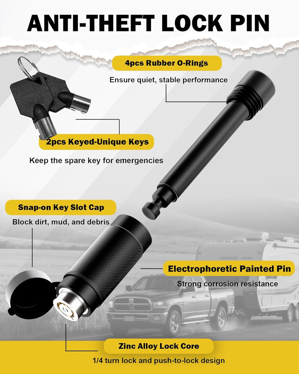 TIROL Trailer Hitch Lock Fits Class III IV 2" & 2-1/2" Receiver, 5/8" Dia 3-1/2" Long Pin Anti-Theft Tow Hitch Pin Lock with Push-to-Lock System, Anti-Rattle O-Rings for Trailer Truck SUV Boat