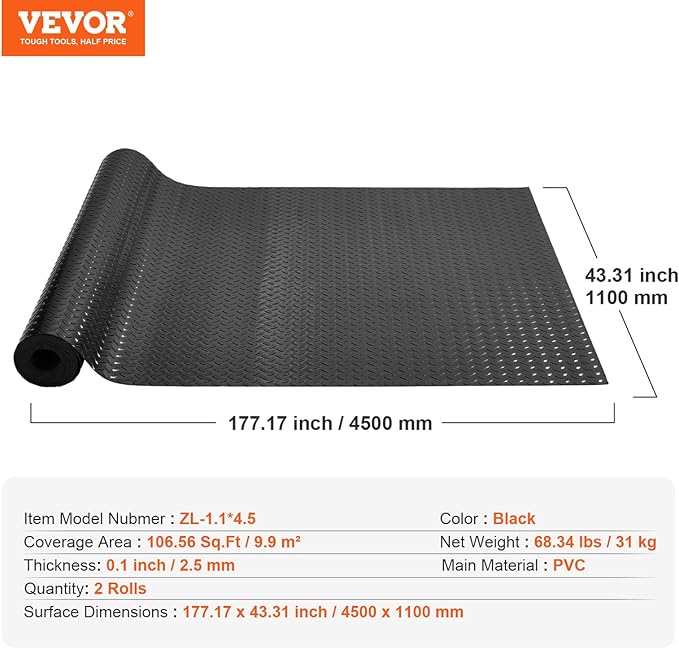 VEVOR Floor Mats, 2 Rolls x 14.7 x 3.6 Ft PVC Flooring Roll, Non-Slip Diamond - Image 7