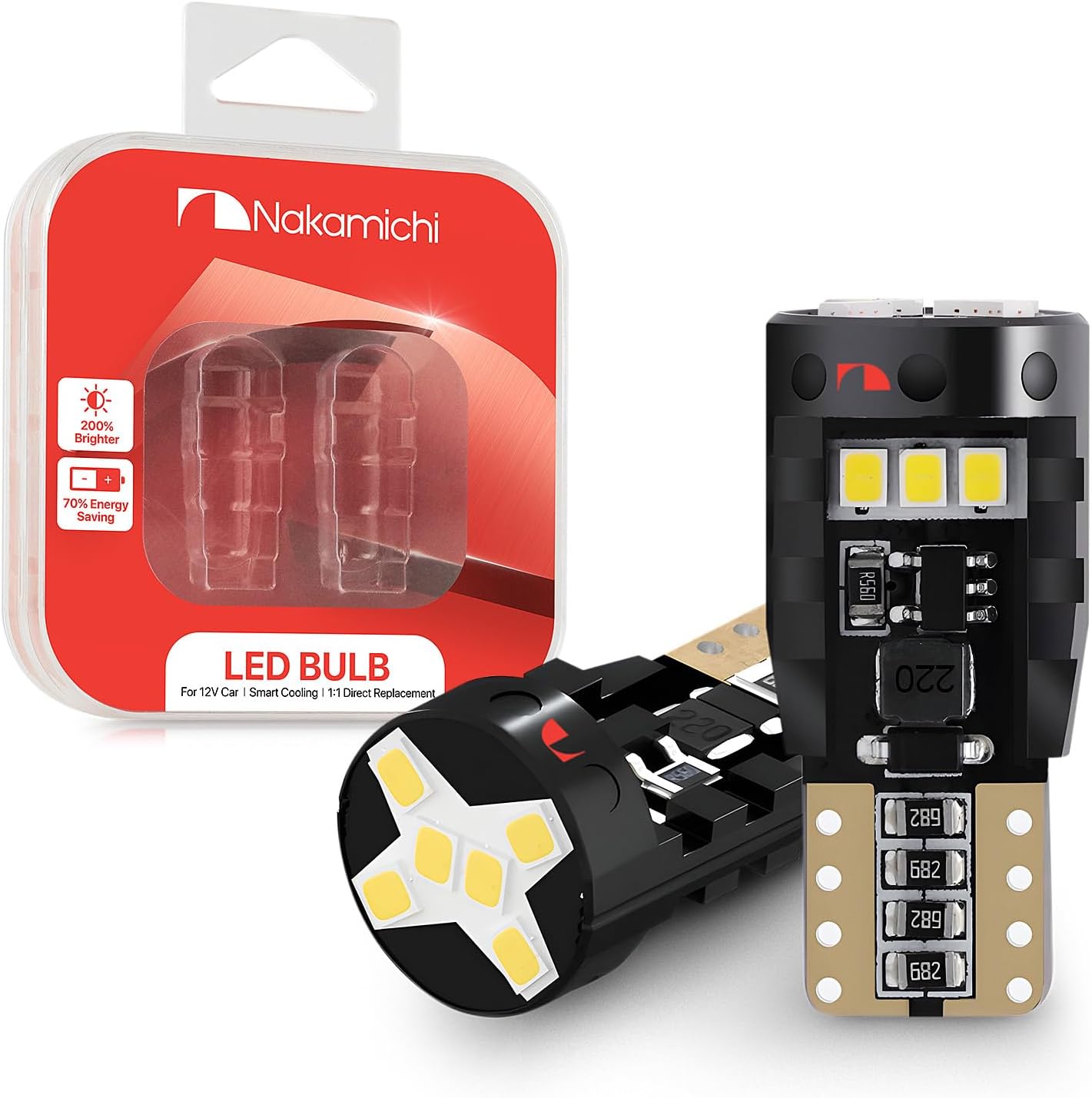 Nakamichi T10 LED Light Bulb 168 2825 194 W5W Wedge 12-SMD 2016 Chipsets LED Replacement Bulbs Error Free for Car Interior Dome Map Door License Courtesy Dash Lights (Monza Red, 12 LEDs, Pack of 2)