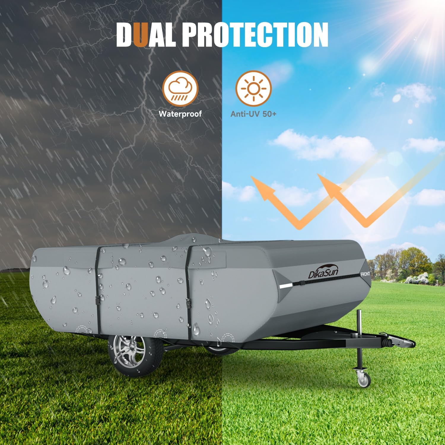 Pop Up Camper Cover 12'-14', 7 Layers Waterproof Pop-up Tent Trailer Cover Anti-UV Folding Camper RV Cover for Motor Home