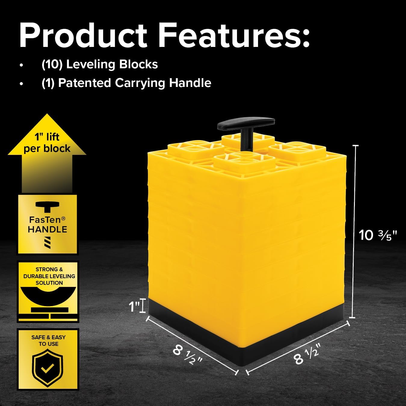 Camco FasTen RV Leveling Blocks - Features Interlocking Design for Customizable Height - Carrying Handle Twists to Secure Blocks for RV Storage - 8.5” x 8.5” x 1”, Yellow, 10-Pack (21022)