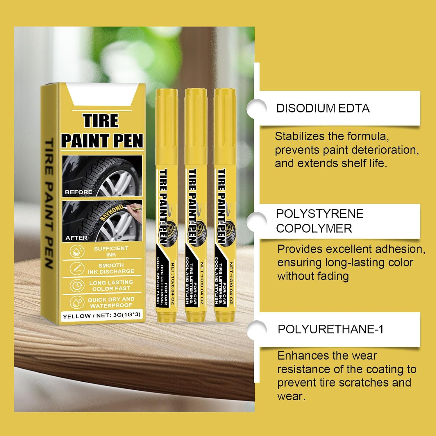 15Pcs Yellow Tire Paint Pen Water Resistant Tire Marker Pen Yellow Paint Pen Quick Drying for Car Tires Scratch Repair