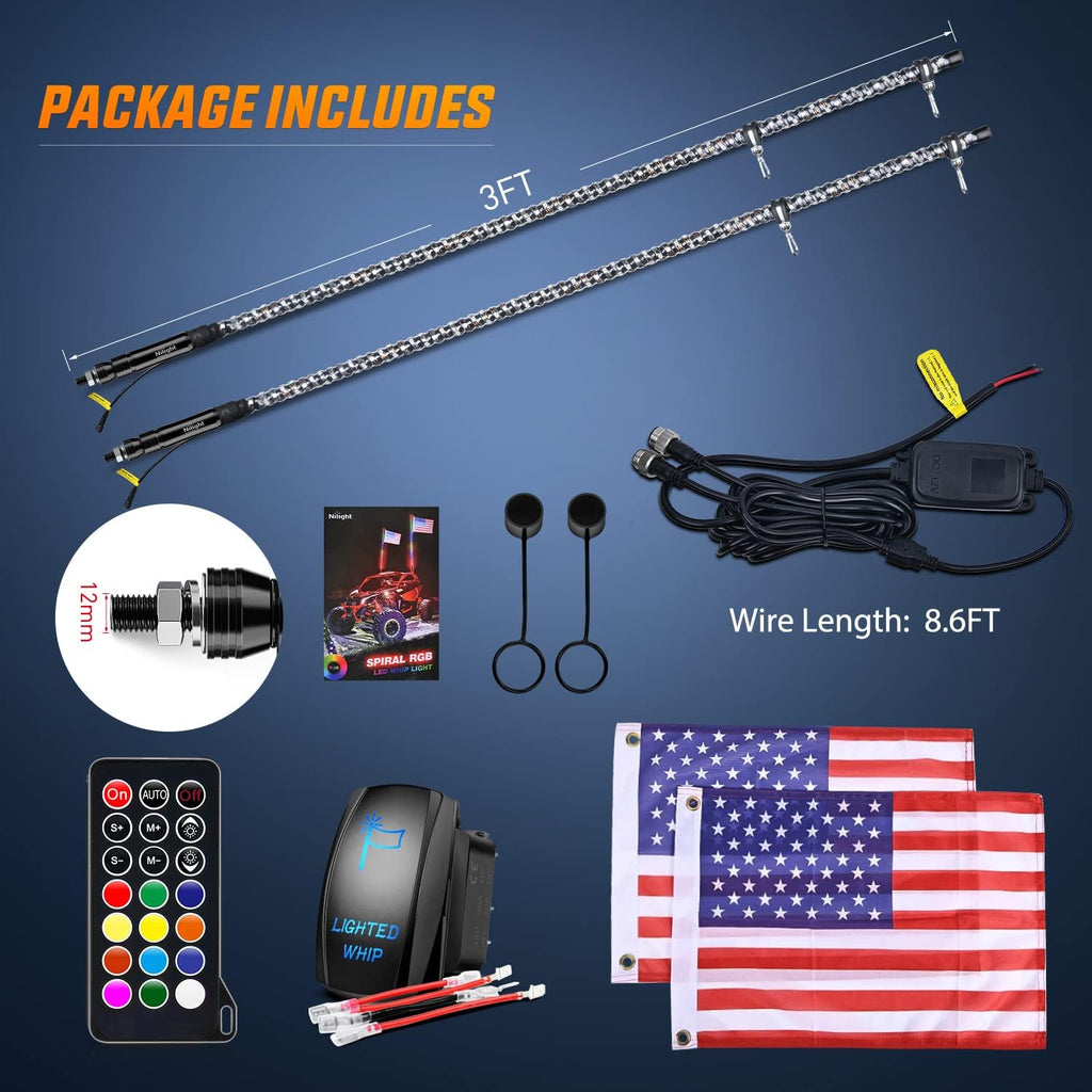 Nilight 2PCS 3FT Spiral RGB Led Whip Light w/RGB Chasing Light RF Remote Control Lighted Antenna for Can-am ATV UTV RZR Polaris Dune Buggy 4 Wheeler Offroad Jeep Truck