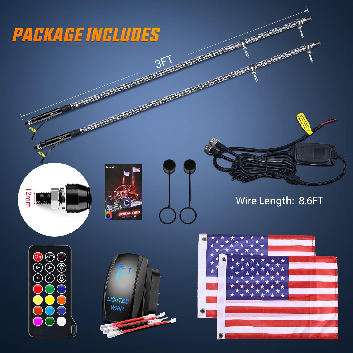 Nilight 2PCS 3FT Spiral RGB Led Whip Light w/RGB Chasing Light RF Remote Control Lighted Antenna for Can-am ATV UTV RZR Polaris Dune Buggy 4 Wheeler Offroad Jeep Truck