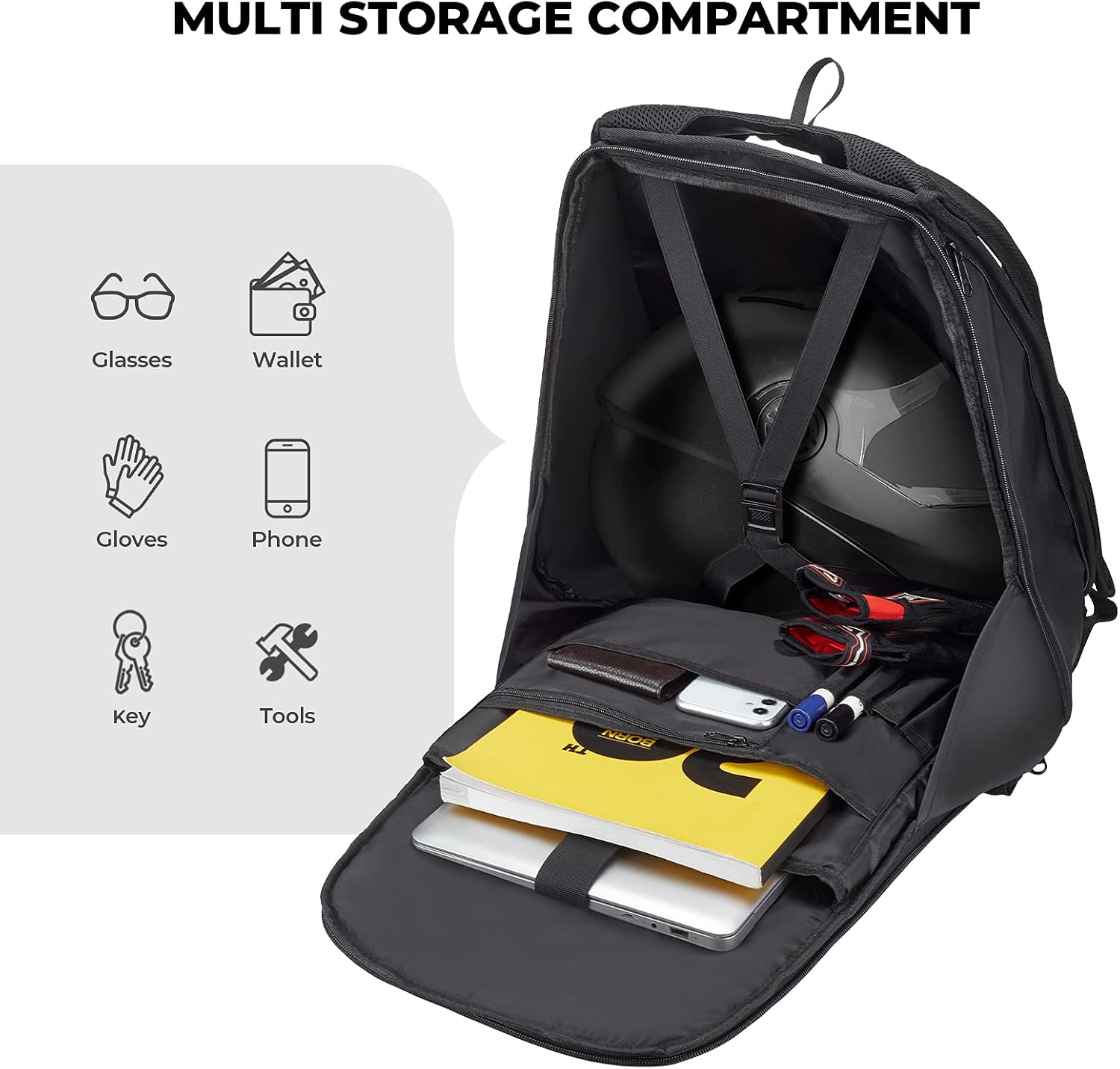 KEMIMOTO Motorcycle Backpack, Hardshell Helmet Backpack 22L Carbon Fiber Reflective Riding Bag, Waterproof Lightweight with Laptop Compartment for Men Riding Commuting Travel Riding Work