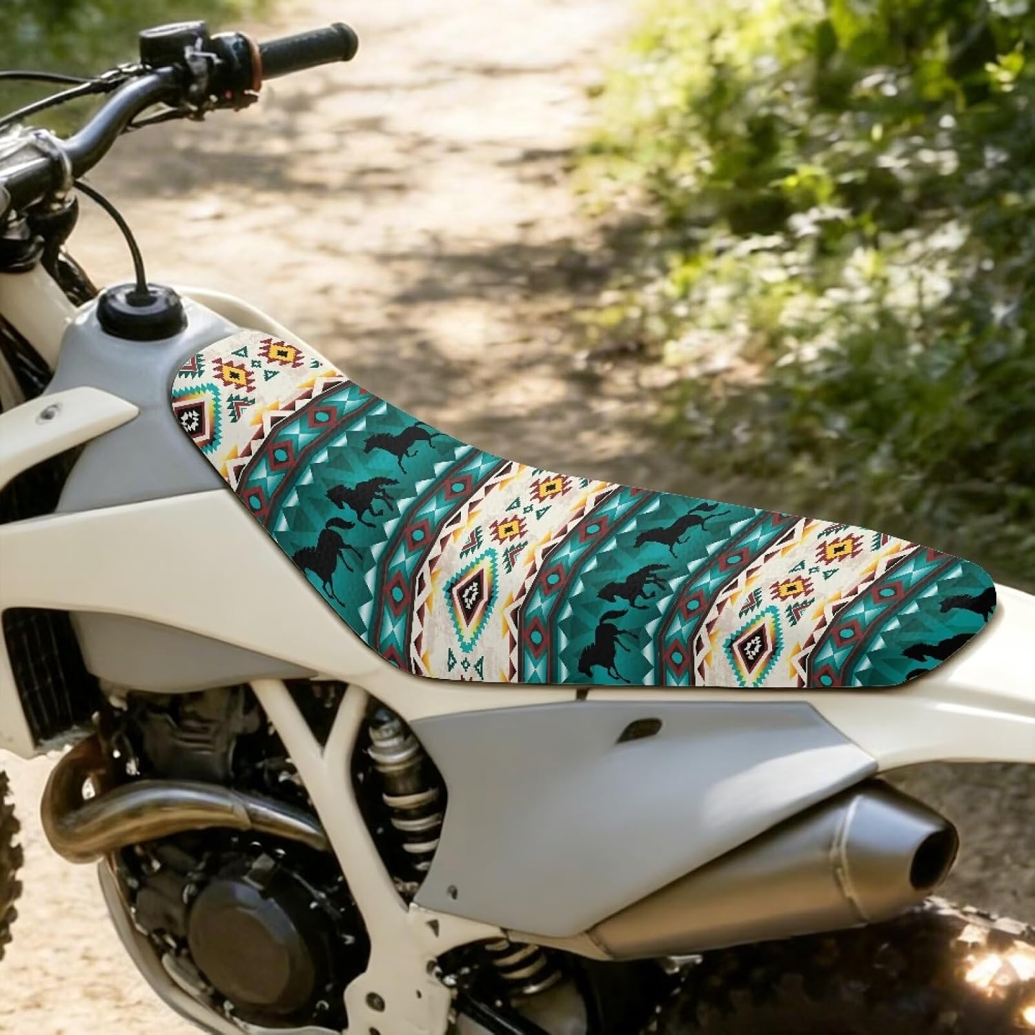Pensura Aztec Horse Western Seat Cover for Dirt Bike Non-Slip Gripper Seat Protection PU Leather Weather Resistant Motocross Enduro Cushion Covers for Off-Road Trail Riding