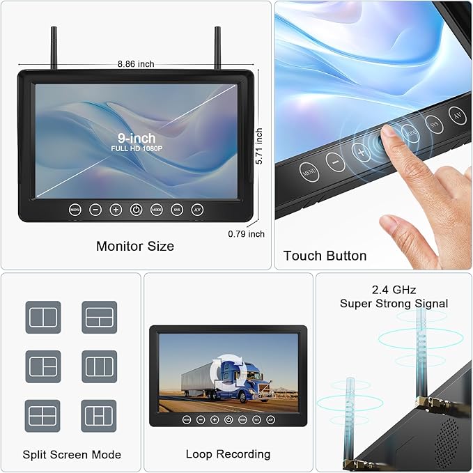 Fookoo 1080P 9" Magnetic Wireless Backup Camera, HD 9" IPS Monitor, - Image 3