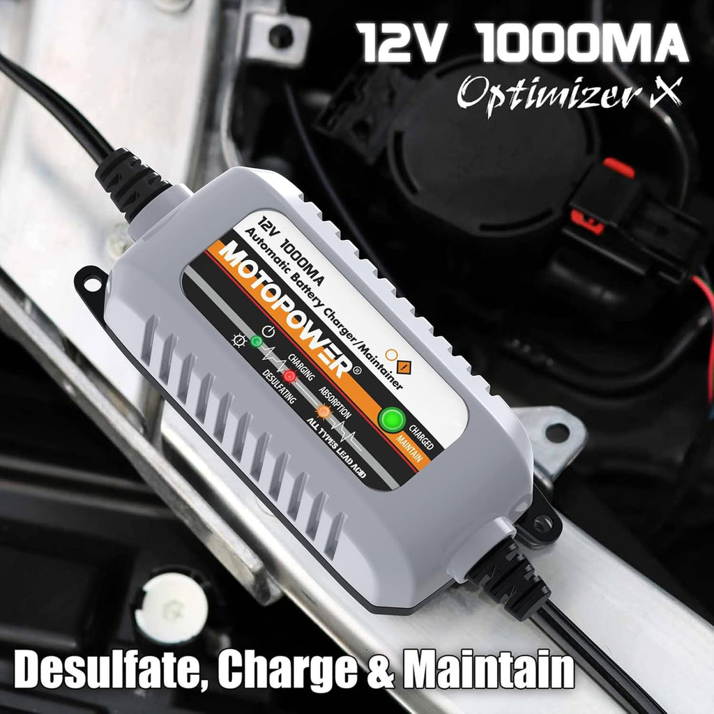 MOTOPOWER MP00205B 12V 1000mA Automatic Battery Charger, Battery Maintainer, Trickle Charger, and Battery Desulfator with Timer Protection - Grey