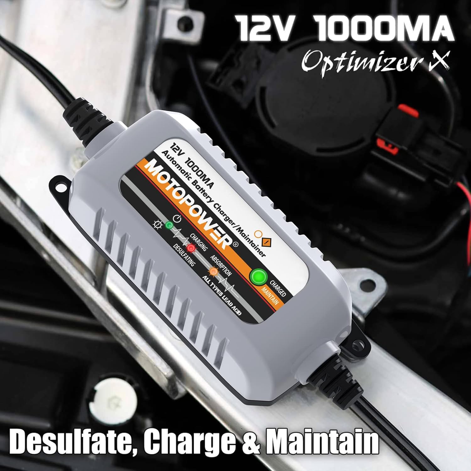 MOTOPOWER MP00205B 12V 1000mA Automatic Battery Charger, Battery Maintainer, Trickle Charger, and Battery Desulfator with Timer Protection - Grey