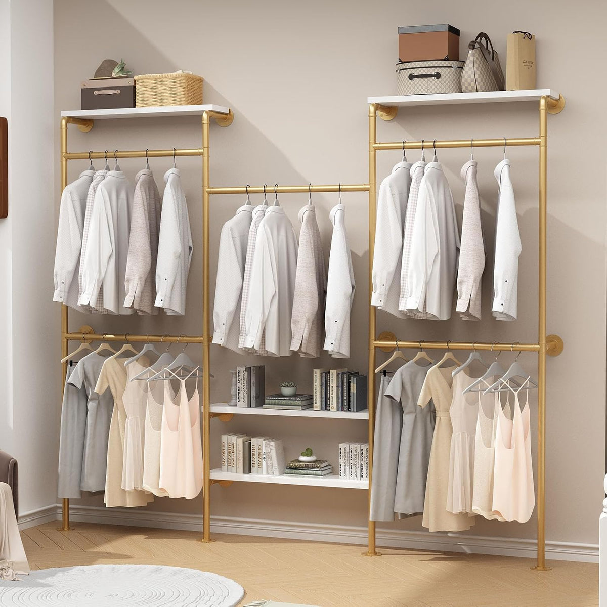 homekayt industrial pipe clothes rack with shelves, gold, main product view