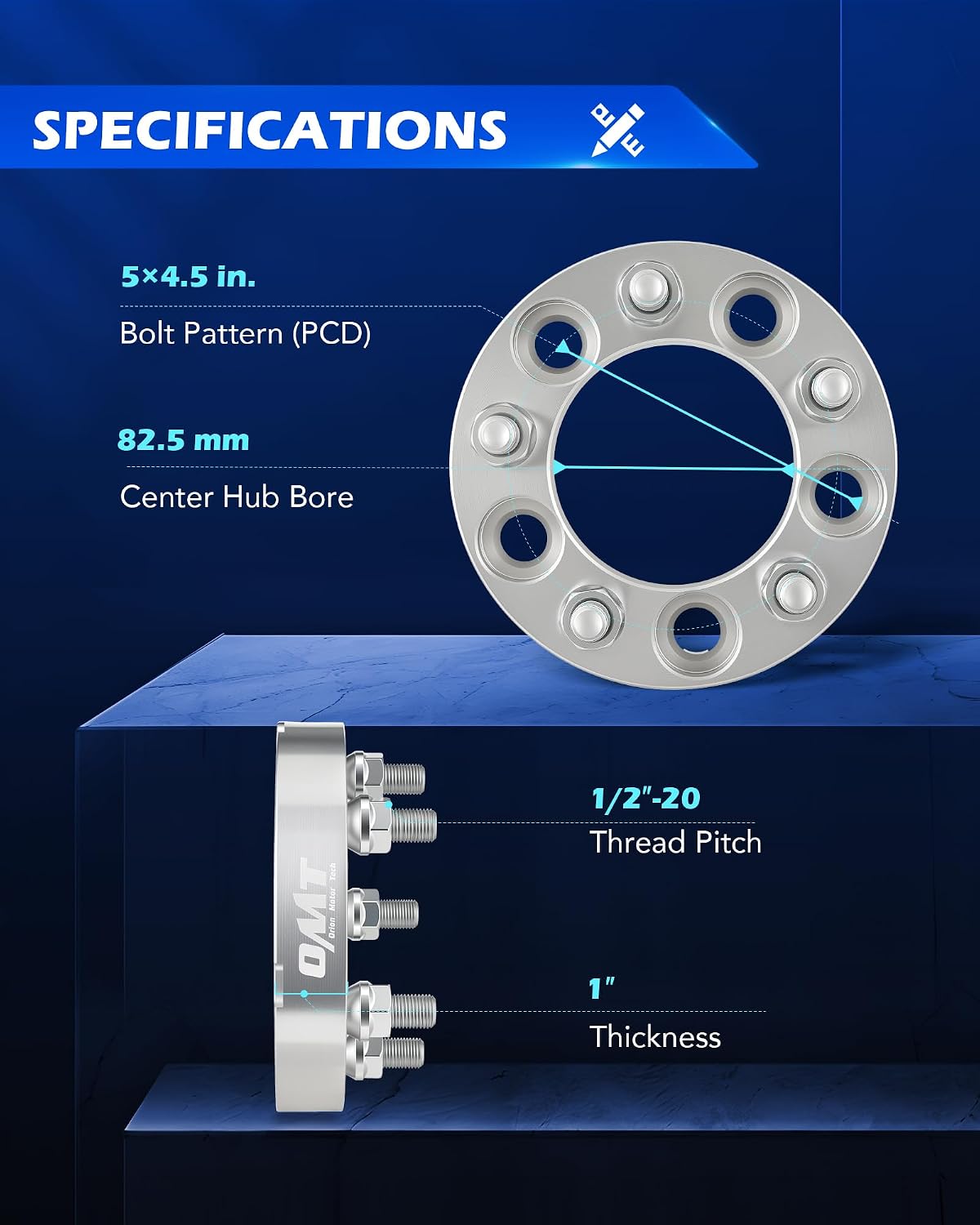 Orion Motor Tech 5x4.5 Wheel Spacers, 1 Inch Spacers with 1/2-20 Studs Compatible with Jeep Wrangler TJ YJ Grand Cherokee Ford Explorer Mustang Ranger, 82.5mm Center Bore Wheel Spacer Kit Set of 2