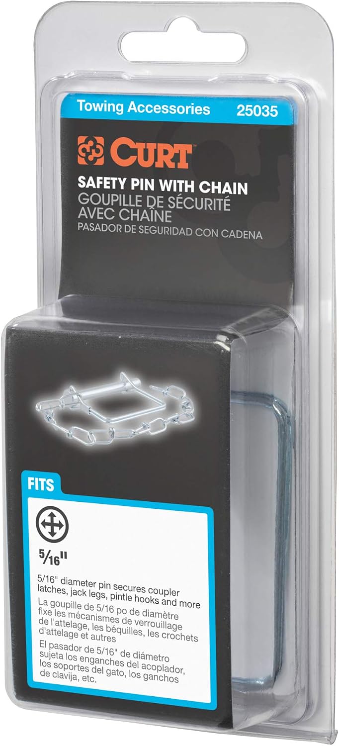 CURT 25035 Trailer Coupler Pin with 12-Inch Chain, 5/16-Inch Diameter x 3-Inch Long, Clear ZINC