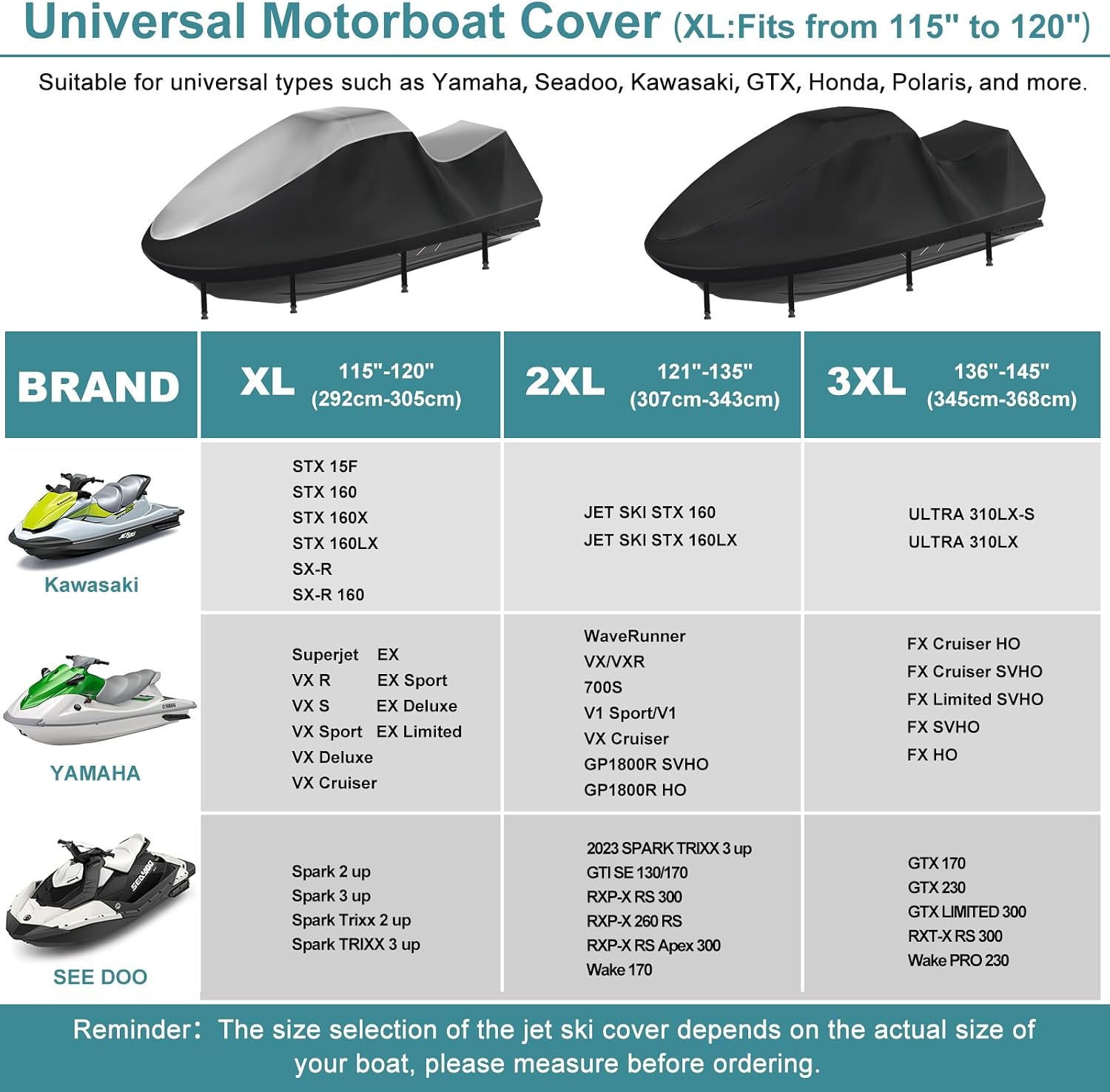 Jet Ski Cover 420D Waterproof for Yamaha Seadoo, 115"-120" PWC Cover | Oxford Fabric 2 3 Seater jetski cover, 10000mm, UV SPF＞85+, 2 Air Vents,4 Windproof Buckles, for Outdoor Storage & Trailering