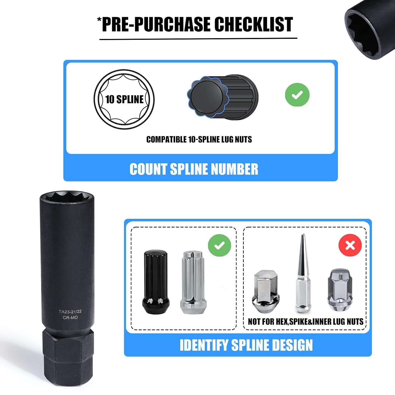 VEXPLO 10 Spline Lug Nut Key Set Thick Wall 3-PCS 10 Spline Lug Nut Socket | Easy Removal of Aftermarket Ten Point Locking Lug Nuts, Compatible with Bimecc White Knight 10 Splined Wheel Lock Key