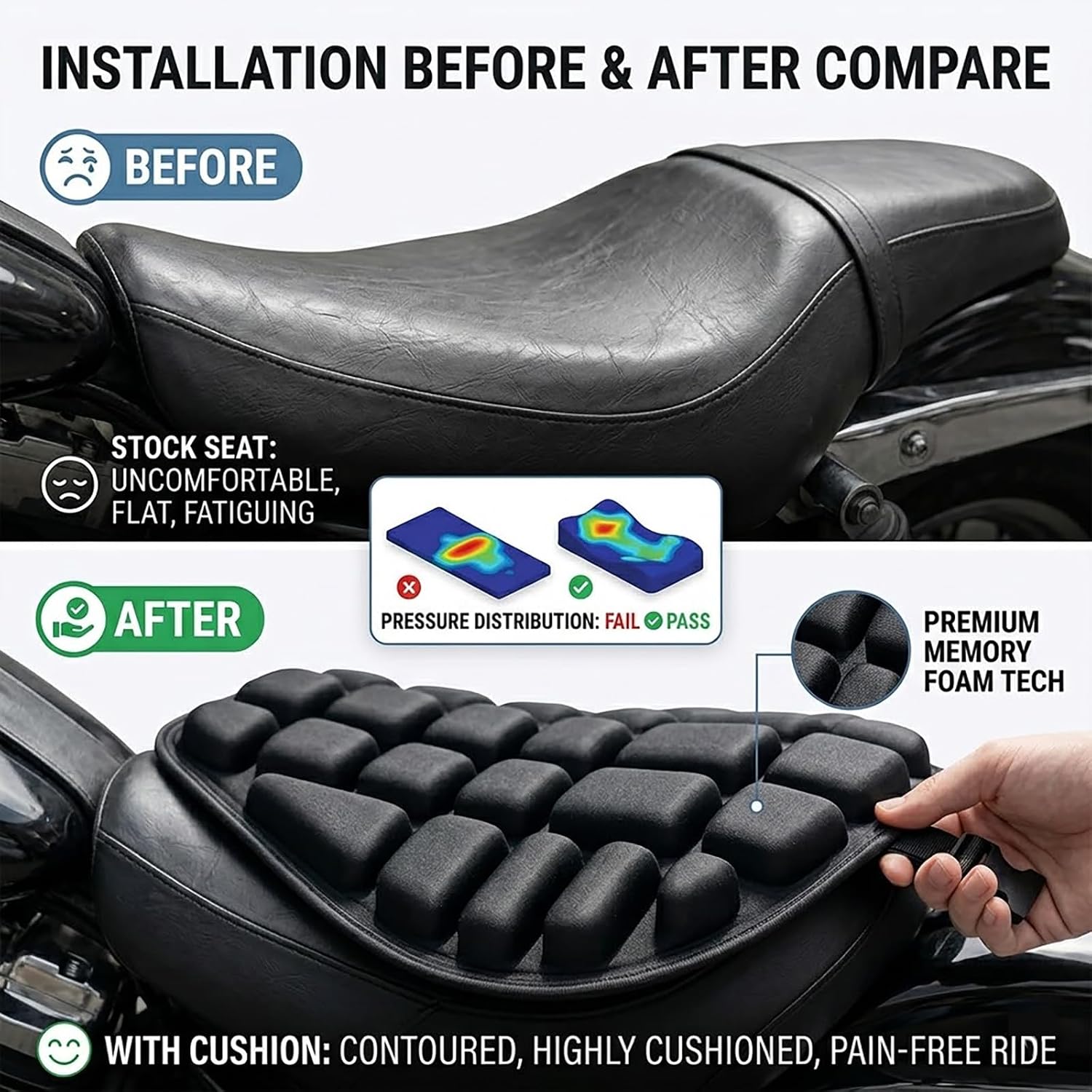 Motorcycle Seat Cushion for Kawasaki Vulcan 900 2006-2026, Breathable Shock Absorbing Non Slip Motorcycle Seat Pad with Ergonomic Groove Design, Comfort Seat Cover for Touring & Commuter Riders