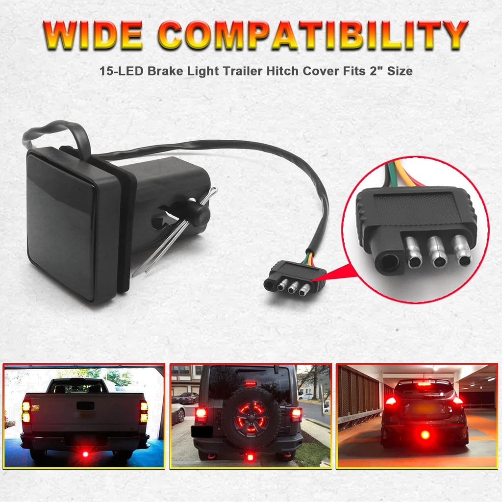 x xotic tech Smoked Lens Trailer Hitch Cover w/Trailer Adapter Hitch Pin Red Square Brake Tail Light Compatible with Truck SUV 2'' Towing Hitch Receiver, Pure Red 15-SMD (Size:3.25" x 4.33")