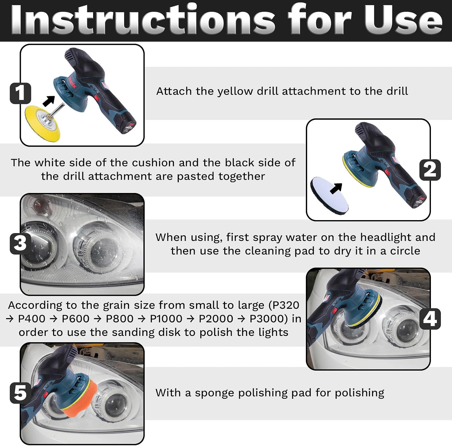 BFXM 38Pcs Car Headlight Restoration Kit, 3 Inch Headlight Polishing Kit, Headlight Cleaning Kit with Sanding Disc Scouring Pad Polishing Pad Suitable for Drill Universal for All Type of Car Headlight