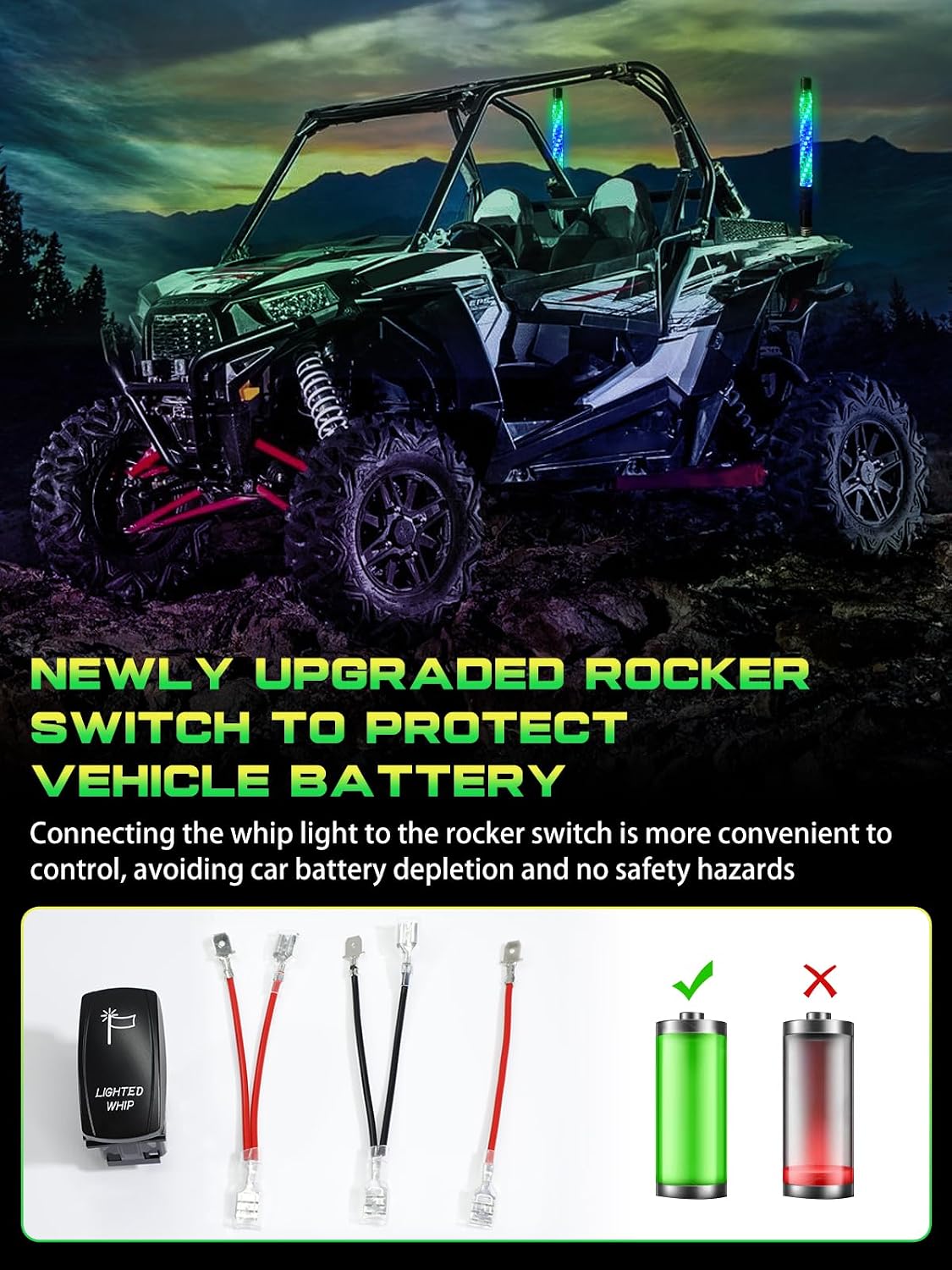 2 Pack 1FT Whip Lights with Spring Base, LED Whip Light with App & Remote Control, Spiral RGB Chasing Lighted Whips with Rocker Switch, Music Whip Light for UTV ATV