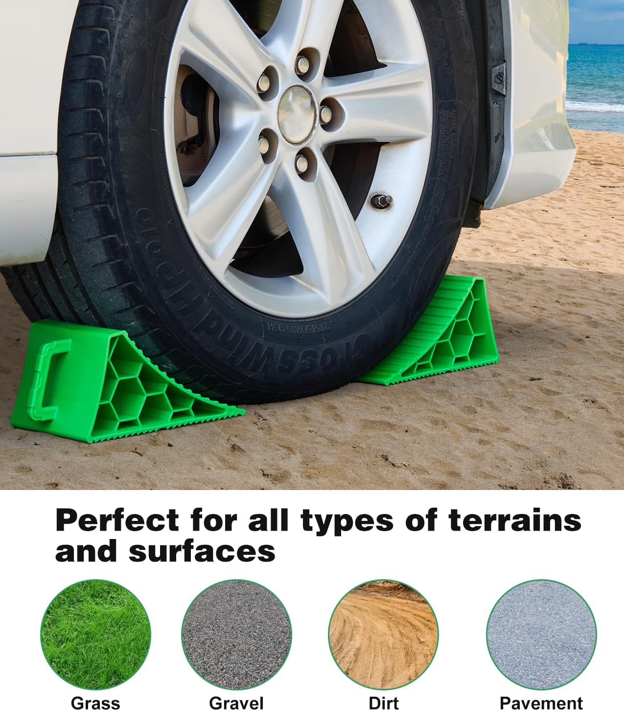 PAHTTO Wheel Chocks 4 Pack, RV Chocks with Handles for RV Trailer Camper Car Truck, Wheel Block Stopper for Tire, Strong RV Wheel Chocks Hexagonal Honeycomb Structure, RV Trailer Accessories, Green