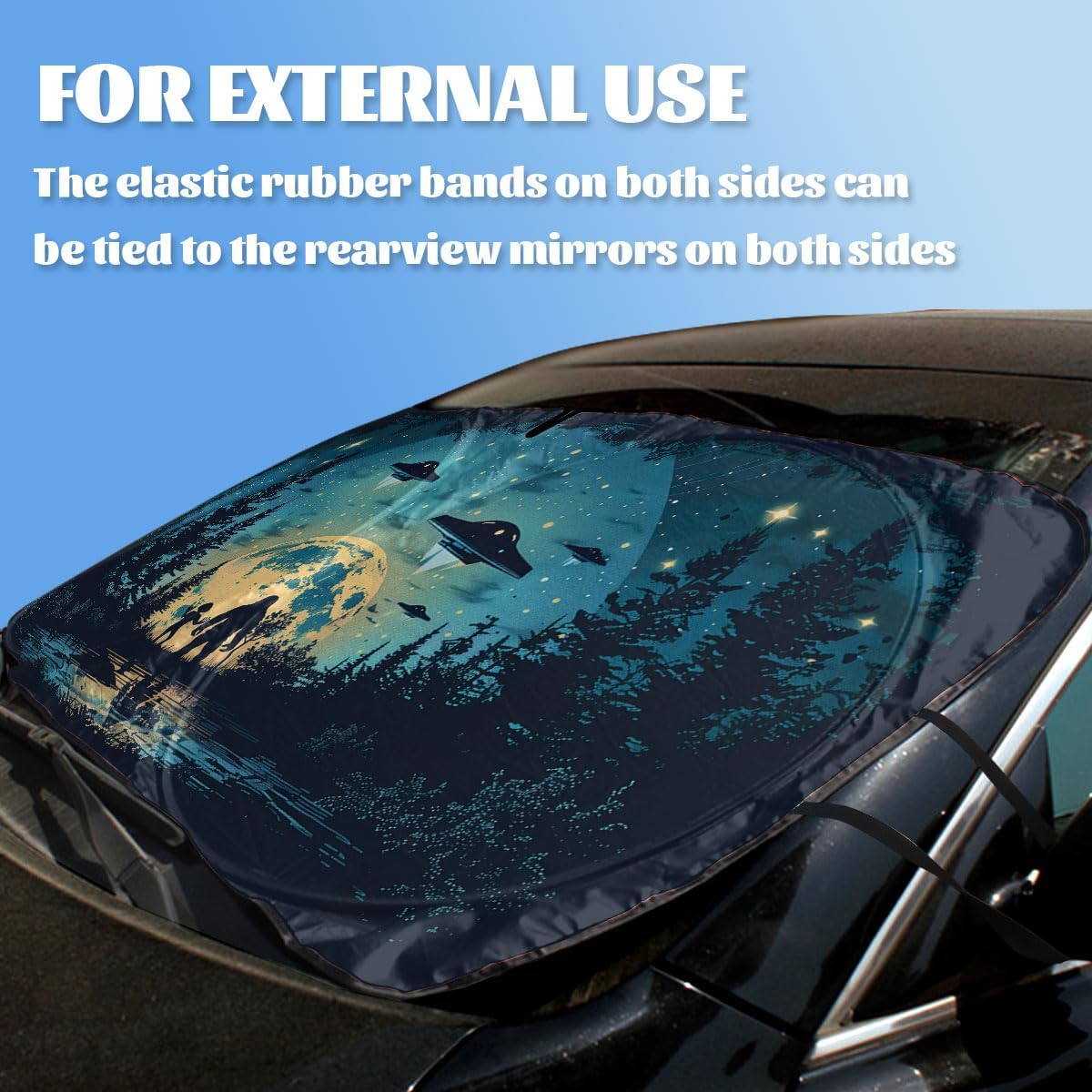Bigfoot Alien Car Windshield Sunshade - Folding Moon UFO Trees Heatshield Front Window Sun Shade Visor Protector for Sedan Truck SUV - 59" L x 31.5" W