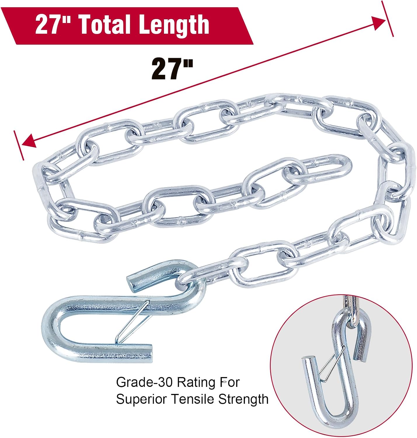NBJINGYI 5/16" X 27" 2PCS Grade 30 Trailer Boat Gooseneck Safety Chain with Spring Clips with One S Hook