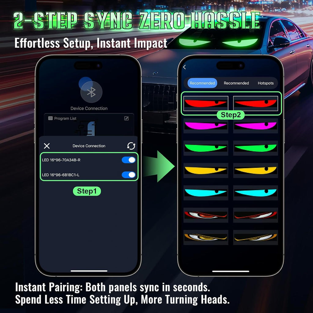 Sachie Devil's Eye 2-Pack:5800 Lux High-Brightness14 x4.3 Programmable ojos led para carro Windshield Display for Sedans, SUVs & Medium Trucks - USB-Powered LED Matrix Panel, Remote/App Control