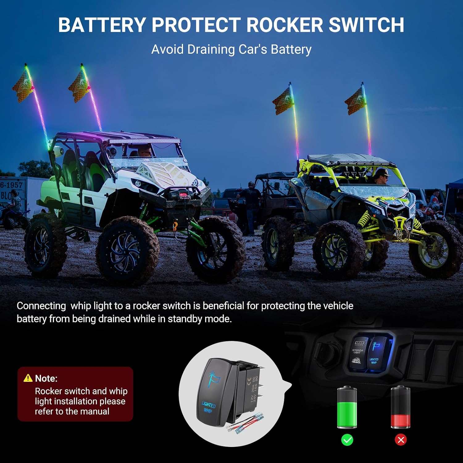 Ehaho 2PCS 3FT Whip Lights for UTV ATV, Spring Base, Tri-Brighter, 6 Flags | Spiral Chasing Led Whip Light, W/Rocker Switch, 366 Patterns, APP & Remote Control Lighted Antenna Whip for RZR SXS Can-Am