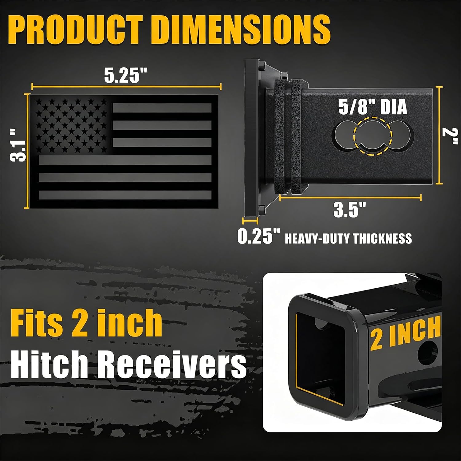 Synrroe Heavy Duty American Flag Trailer Hitch Cover, Black, 2 Inch | Coated Black Stainless Steel Flag, Aluminum Base, Mechanically Fastened, 5/8" Stainless Pin