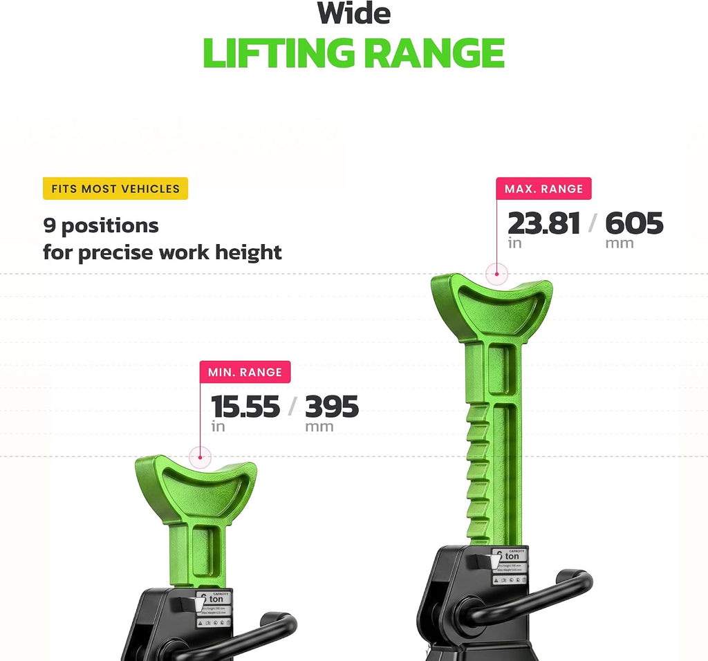 Jack Stands, 6 Ton (13,000 lbs) Capacity Heavy Duty, Double Locking Pin Safety, 14.2-23 Inch Adjustable Height Car Jack Stands for SUV, Truck, Van, Jeep, UTV/ATV - Pair (Green-Black)