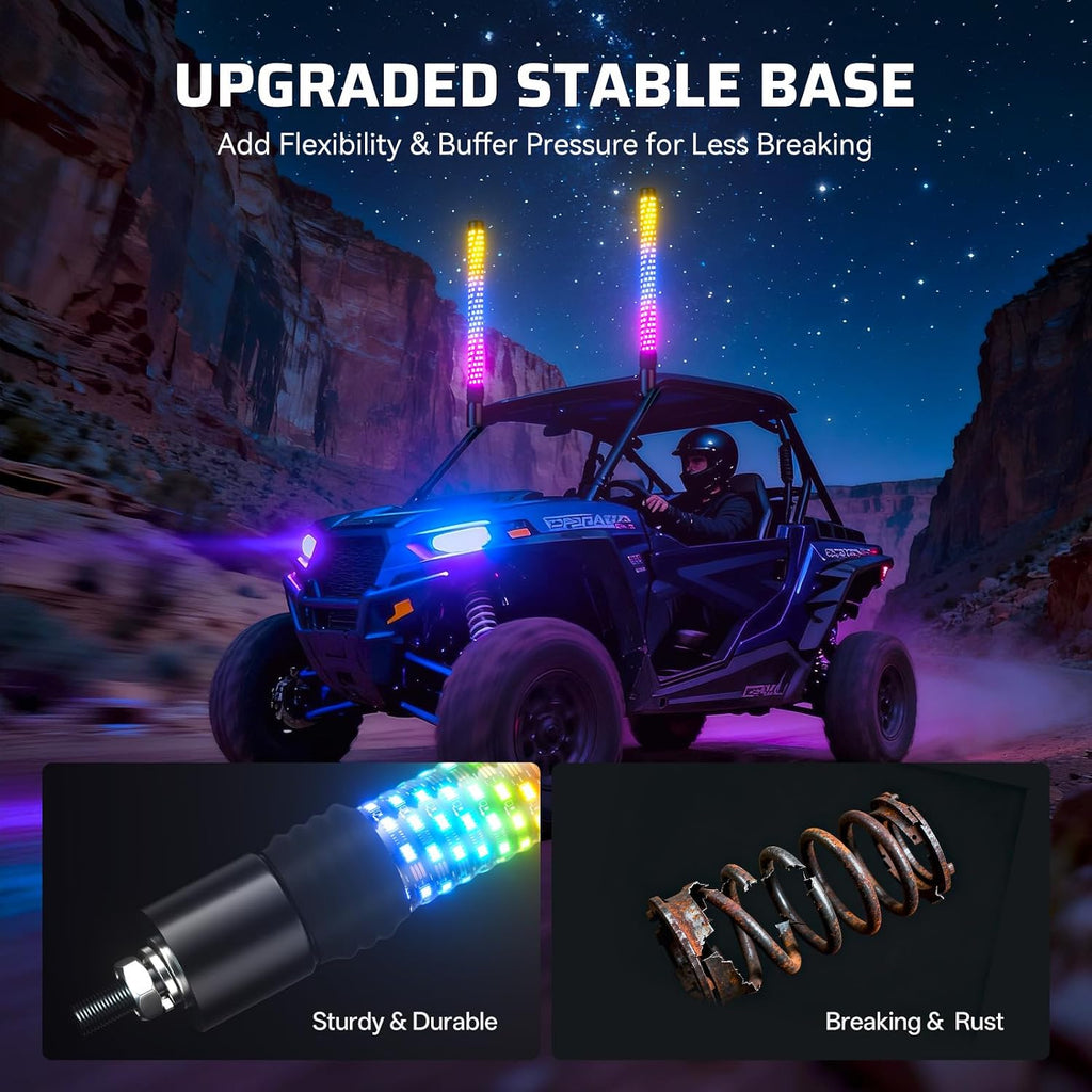 Ehaho 2PCS 2FT Fat Whip Lights for UTV ATV, Led Fatty Whip Light W/Rocker Switch & 6 Flags, Brighter Spiral Chasing Lighted Antenna Whip with APP & Remote Control for RZR SXS Can-Am X3 Off-Road