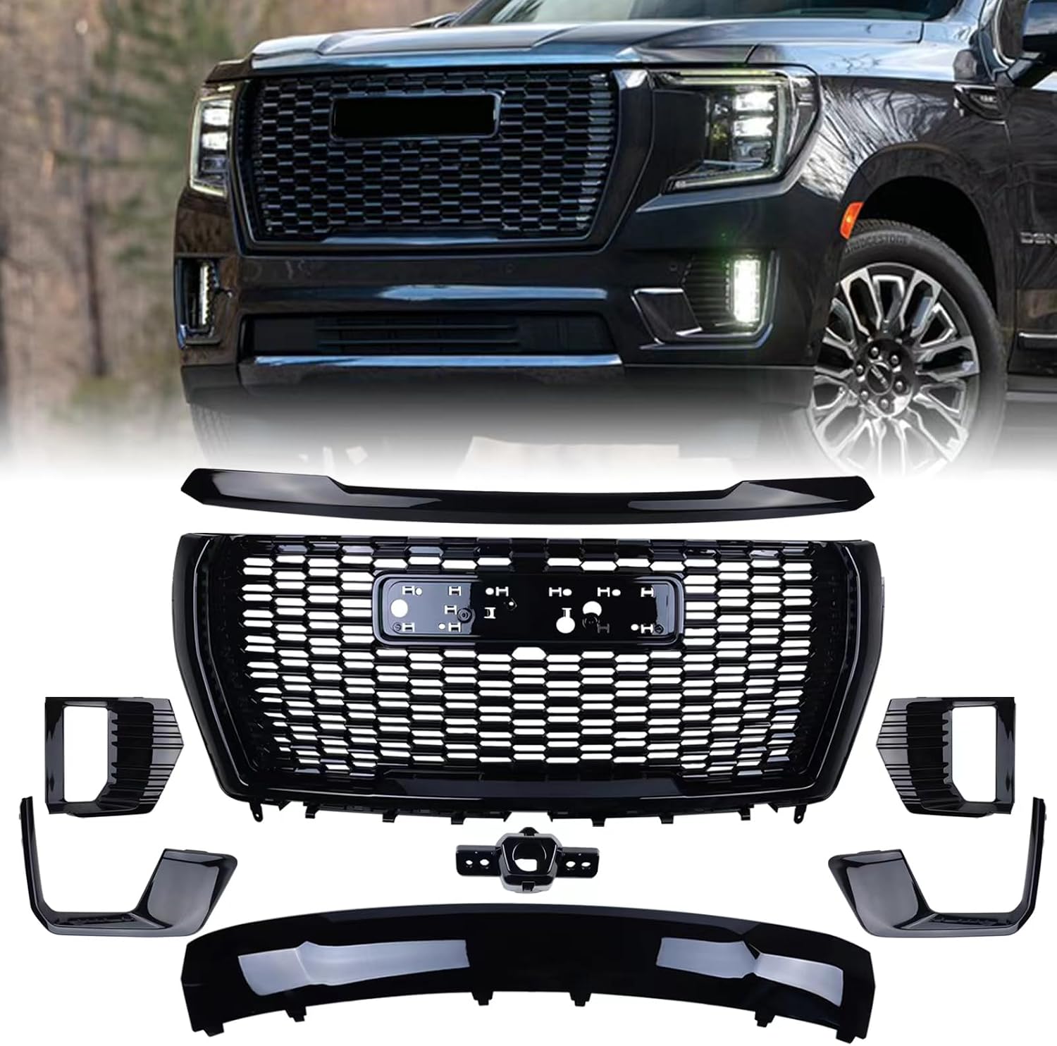 Grille Set 8pcs Compatible with 2021-2024 GMC Yukon/Yukon XL Denali Front Upper Grill Upper Lower Hood Molding Trim Camera bracket Fog Light Bezel Fog Light Covers Gloss Black Kit