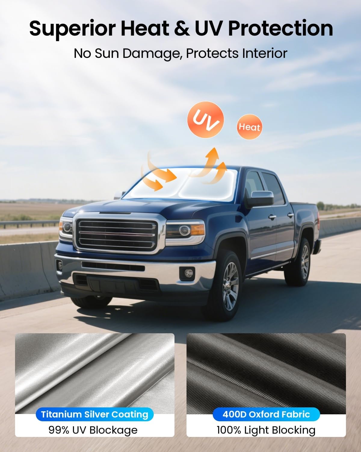 REEVAA Upgraded Windshield Sun Shade for GMC Sierra 1500 2500 3500 (2019-2025) [Tailored Fit, 99% Sun Protection] Protect Interior & Keep Cool, Foldable Sunshade Car Accessories with Storage Bag