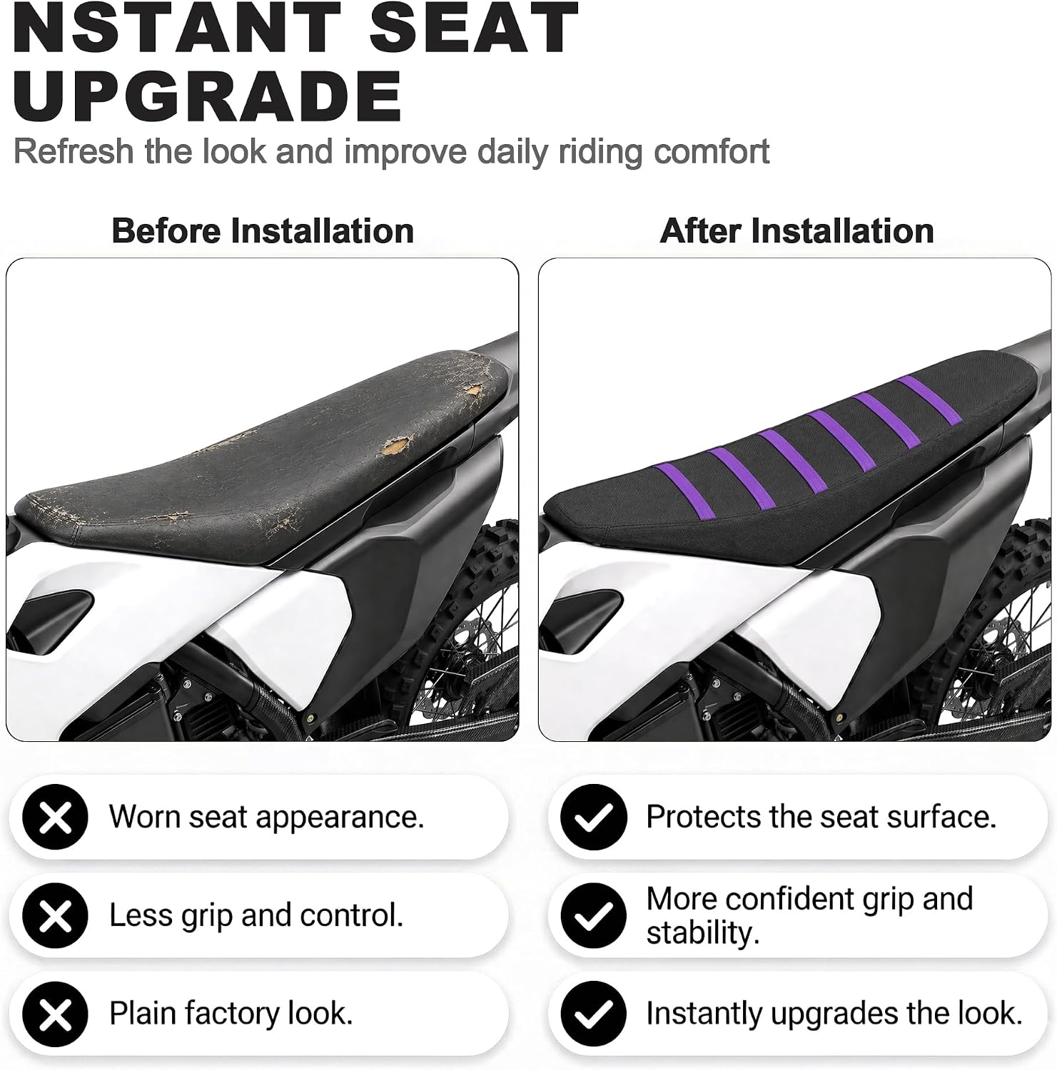 Gripper Dirt Bike Seat Cover Non-Slip Rubber Motocross Seat Cover, Compatible with CRF110F CRF125F YZF WRF KLX110 RMZ SXF EXC Pit Bike Motorcycle (Universal Cut-to-Fit,Purple)