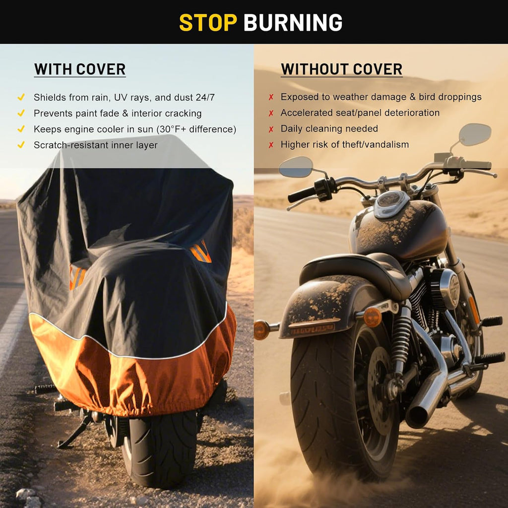 XYZCTEM Motorcycle Cover All Season Waterproof Outdoor Protection, Fit up to 116 Inch Tour Bikes, Choppers and Cruisers – Protect Against Dust, Debris, Rain and Weather (Black and Orange)
