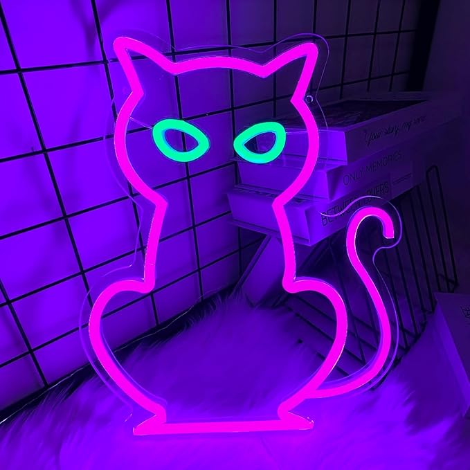 Cat Neon Signs for Wall Decor, Purple Cat LED Neon Sign USB Powered, Hallowee...