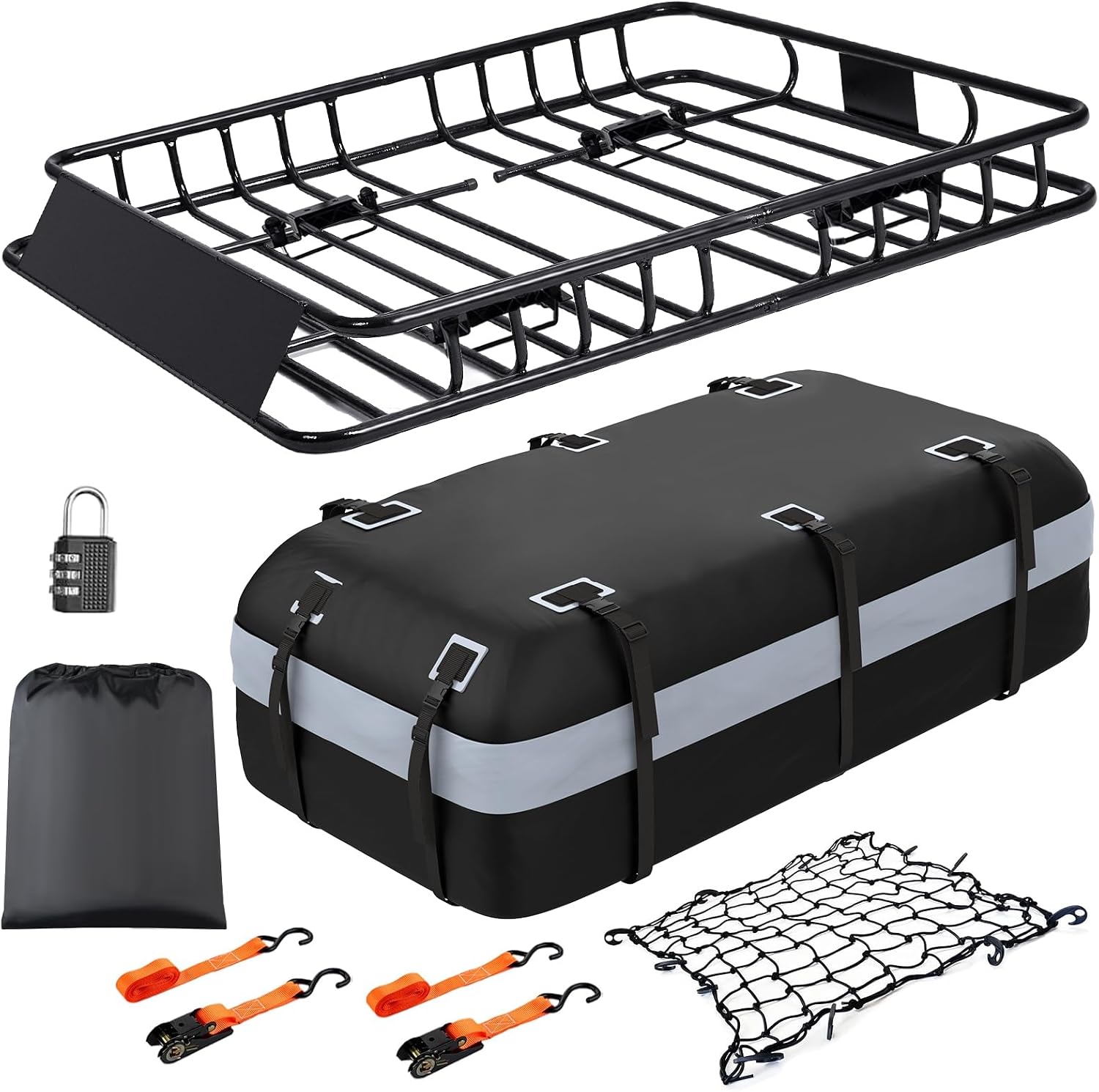 Adjustable Roof Rack Basket 45"-64" x 36" x 5" with 20 Cu.Ft Waterproof Cargo Bag - Heavy Duty Steel Cargo Carrier for SUV Truck Van, 250 lbs Capacity, Complete Accessory Kit