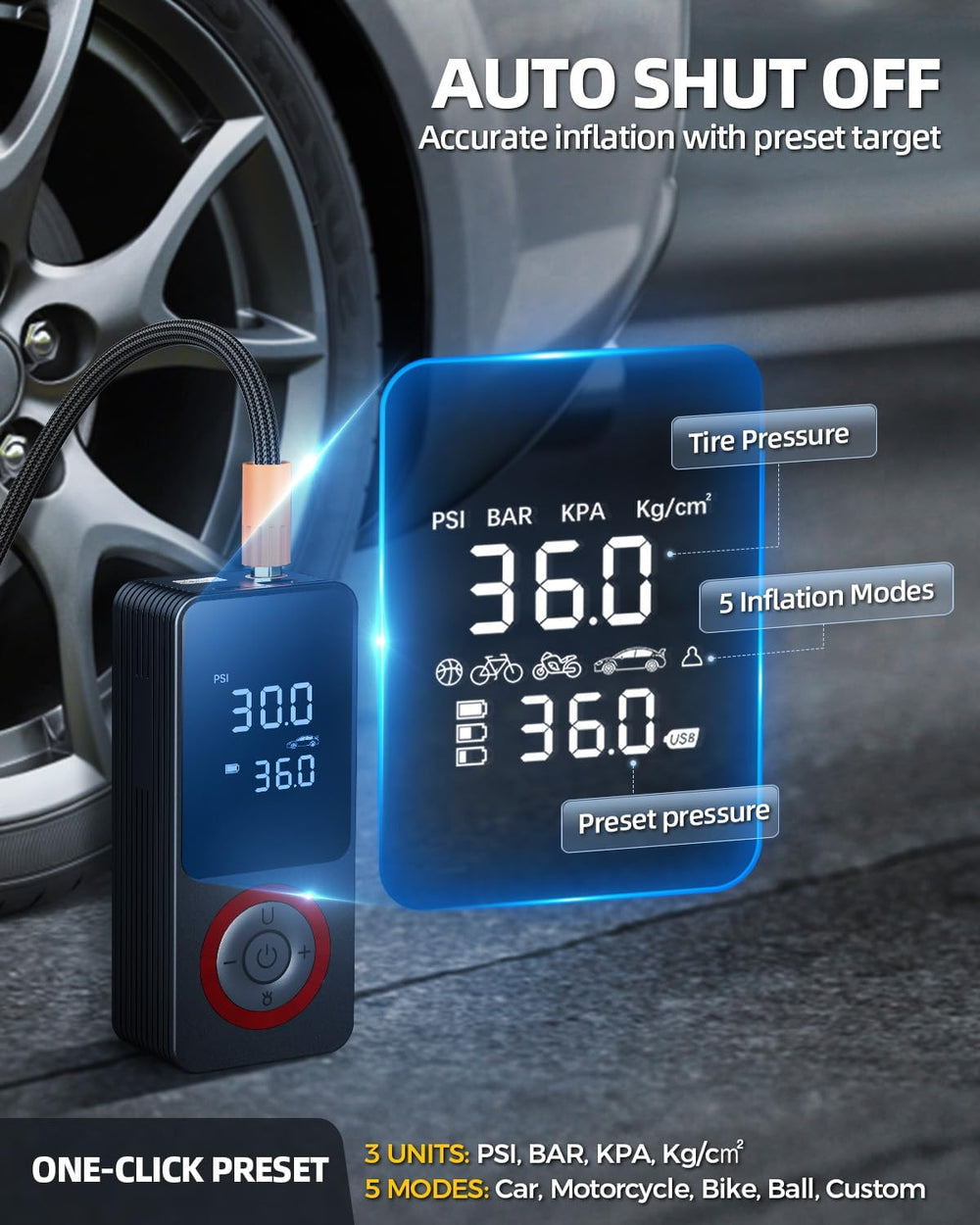 Tire Inflator Portable Air Compressor with Fast Inflation, Auto Shut-off, LED...