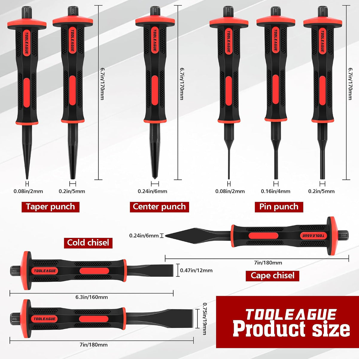 tooleague 9pcs punch and chisel set with hand shown in use